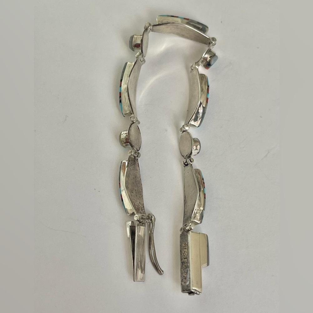 Vtg Native American ZUNI Sterling Sun Face Inlaid Onyx Pearl Coral Bracelet 6.5" - Picture 8 of 11